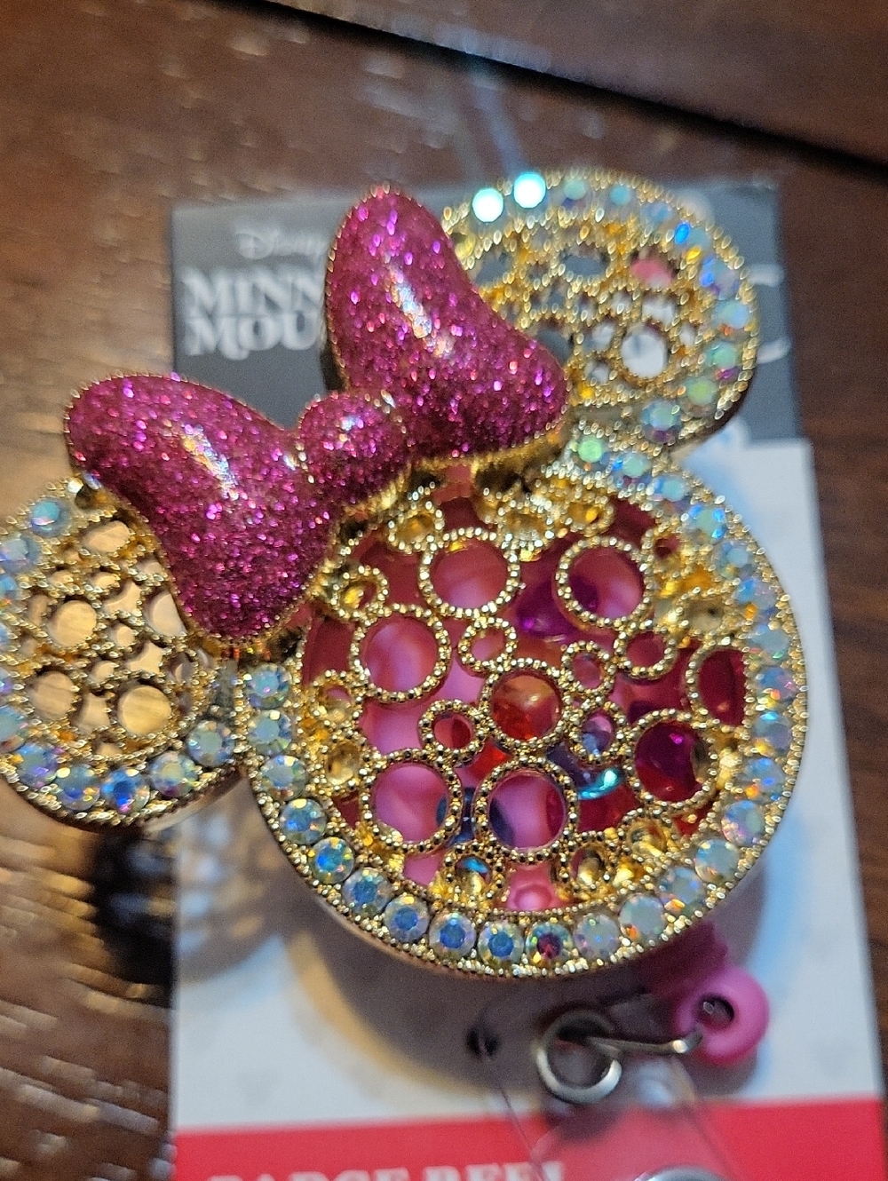 Disney Gold and Hot Pink Minnie Mouse Glitter Bow Badge Reel